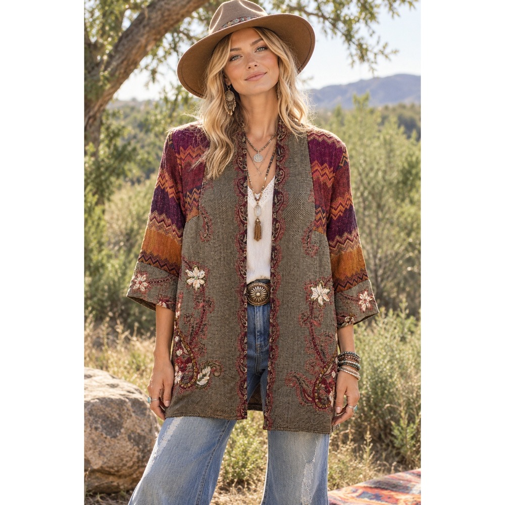 Soft Surroundings Izmir Kimono Jacket PL Multicolor Wool Floral Embroidered